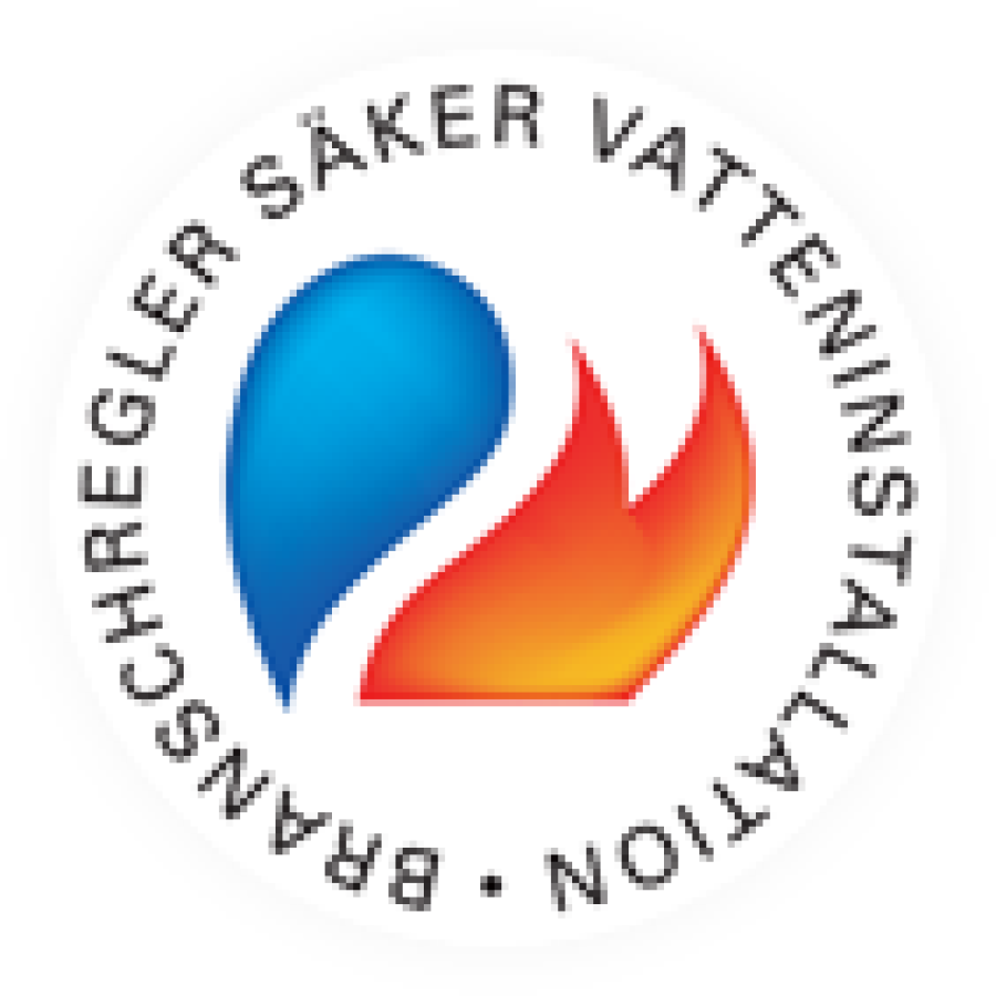 Logga för Säker vatteninstallation, en blå vattendroppe tillsammans med en eldslåga